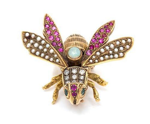 A Yellow Gold, Diamond, Ruby, Opal, and Emerald Bee Brooch 13.10 dwts.