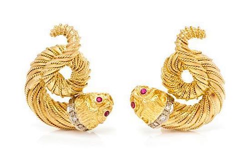 A Pair of 18 Karat Yellow Gold, Ruby and Diamond Chimera Earclips, Lalaounis, 17.30 dwts.