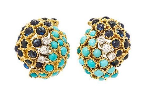 A Pair of 18 Karat Yellow Gold, Turquoise, Diamond, and Sapphire Earclips, 14.70 dwts.