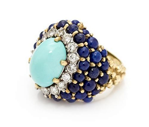 An 18 Karat Yellow Gold, Turquoise, Diamond and Lapis Lazuli Bombe Ring, La Triomphe, 12.20 dwts.