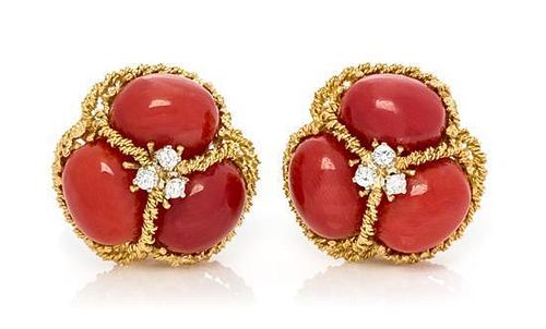A Pair of 18 Karat Yellow Gold, Coral and Diamond Earclips, Italian, 16.20 dwts.