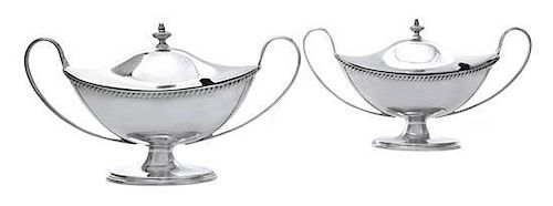 * Two Matching English Silver Sauce Tureens and Covers, Thomas Bradbury & Sons, London and Sheffield, 1902/1922, both of oval bo
