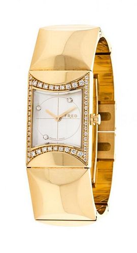 An 18 Karat Yellow Gold, Diamond and Mother-of-Pearl Wristwatch, Fred Paris, 74.50 dwts.