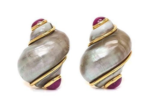 * A Pair of Yellow Gold, Shell and Ruby Earclips, Seaman Schepps, 15.90 dwts.