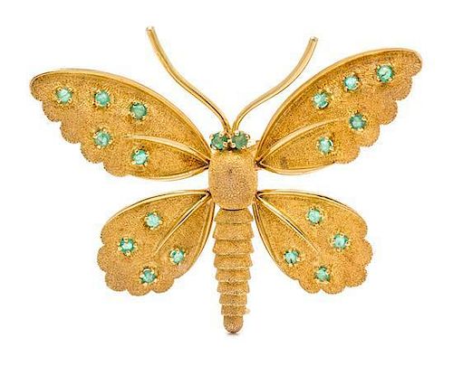 An 18 Karat Yellow Gold and Emerald Articulated Butterfly Brooch, Fred Paris, 9.40 dwts.