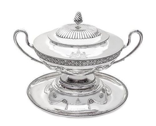 A Victorian Silver Tureen, Cover, and Stand, Barnard Bros., London, 1877/79, the oval tureen with applied guilloche band enclosi