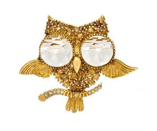 A Yellow Gold, Rock Crystal and Colored Diamond Owl Brooch, Julius Cohen, 13.10 dwts.