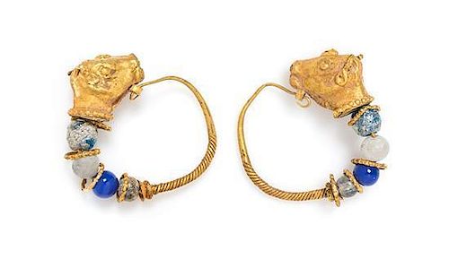 * A Pair of High Karat Yellow Gold and Glass Bead Hoop Earrings, 12.00 dwts.