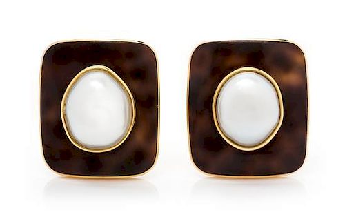 A Pair of 18 Karat Yellow Gold, Cowry Shell and Cultured Pearl Earclips, Trianon, 9.60 dwts.