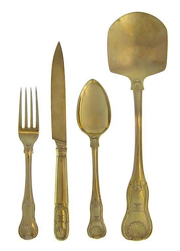 A George III Silver-Gilt Dessert Flatware Service, Eley, Fern & Chawner, London, 1808, Hourglass pattern, engraved with crest, c