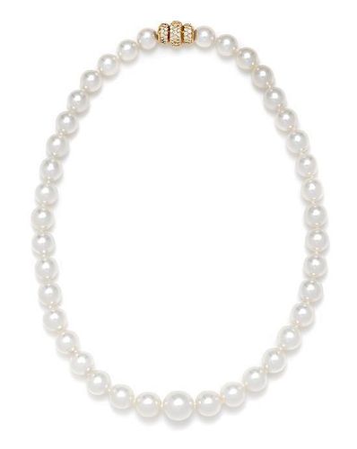 A Graduated Single Strand Cultured South Sea Pearl Necklace with Gold and Diamond Clasp,