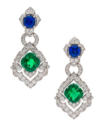 An Important Pair of Platinum, Emerald, Sapphire and Diamond "Victoria" Earclips, Cartier, Circa 2008, 16.00 dwts.