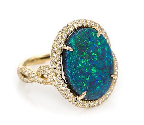 A Yellow Gold, Black Opal and Diamond Ring, 7.90 dwts.