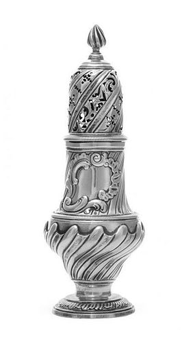 A George II Silver Sugar Caster, John Delmester, London, 1758, of baluster form, chased with spiralling lobes and rocaille carto