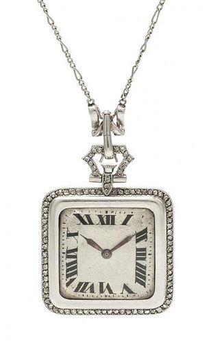 * An Art Deco Platinum and Diamond Pendant Watch Necklace, French, 21.00 dwts.
