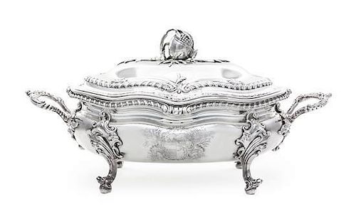A George II Silver Soup Tureen and Cover, George Methuen, London, 1758, of bombe oval form with gadrooned borders, raised on fou