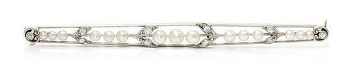 * An Edwardian Platinum Topped Gold, Pearl and Diamond Bar Brooch, Blank, Henry & Co., 6.60 dwts.