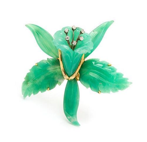 A Yellow Gold, Chrsyoprase and Diamond Orchid Brooch, 24.40 dwts.