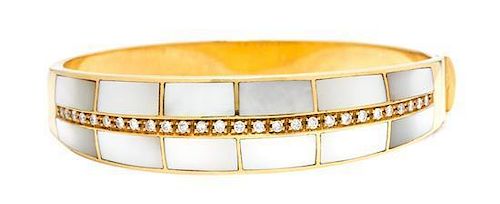 An 18 Karat Yellow Gold, Mother-of-Pearl and Diamond Bangle Bracelet, 21.50 dwts.
