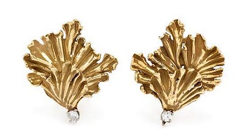 A Pair of 18 Karat Yellow Gold and Diamond Earclips, Erwin Pearl, 8.60 dwts.