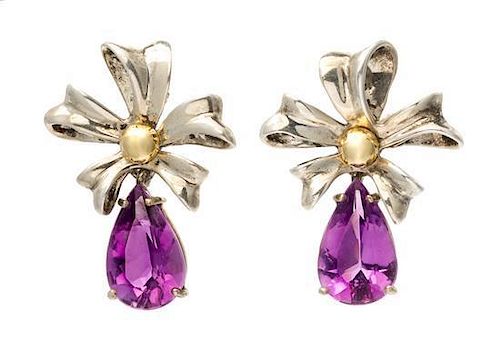 A Pair of Sterling Silver, 18 Karat Yellow Gold and Amethyst Bow Motif Earclips, Tiffany & Co., Circa 1990, 6.90 dwts.