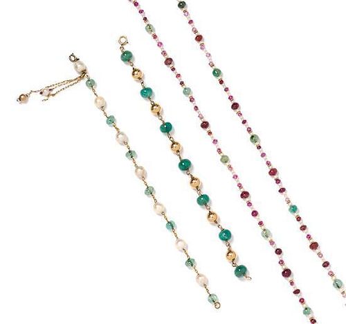 * A Collection of Yellow Gold, Goldtone, Ruby, Emerald and Cultured Pearl Jewelry, 15.20 dwts.