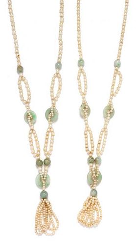 * A Pair of Cultured Pearl and Jadeite Jade Tassel Necklaces,