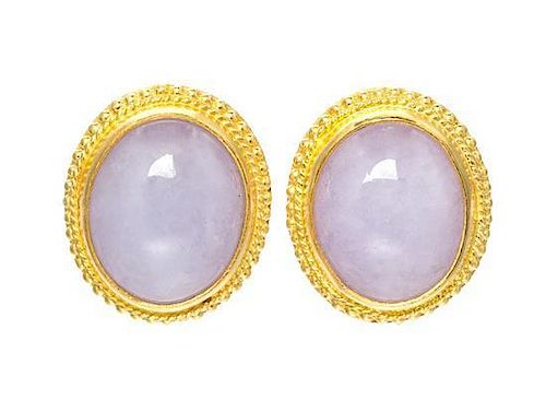A Pair of 24 Karat Yellow Gold and Lavender Jade Earrings, 3.80 dwts.