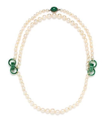 * A White Gold, Jadeite Jade and Cultured Pearl Swag Necklace,
