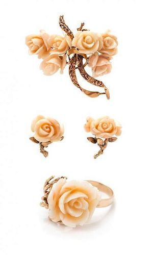 * A Collection of 18 Karat Rose Gold and Angel Skin Coral Rose Motif Jewelry, 25.00 dwts.