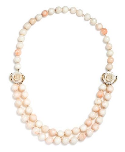 A 14 Karat Yellow Gold and Angel Skin Coral Bead Swag Necklace, 76.10 dwts.