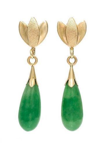 A Pair of Yellow Gold and Jade Earrings, 2.50 dwts.