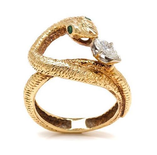 A Yellow Gold, Diamond, and Emerald Serpent Ring, 4.70 dwts.
