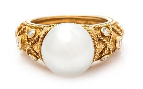 An 18 Karat Gold, Cultured Pearl and Diamond Ring, J. YANES, 6.30 dwts.