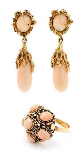 A Collection of Yellow Gold and Angel Skin Coral Jewelry, 12.70 dwts.