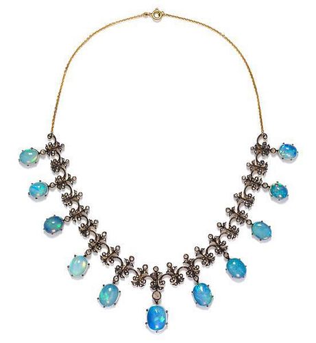 A Silver Topped Gold, Opal and Diamond Fringe Necklace, 21.00 dwts.
