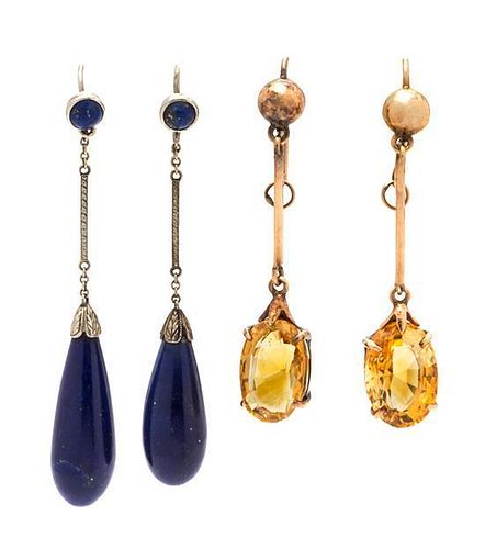 * A Collection of Vintage Gold, Citrine and Lapis Lazuli Pendant Earrings, 8.90 dwts.
