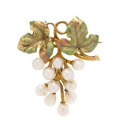 An Art Nouveau 14 Karat Yellow Gold, Pearl, and Polychrome Enamel Grape Motif Brooch, Bippart, Griscom & Osborn, 2.30 dwts.