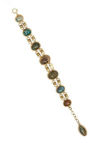 A Yellow Gold, Faience and Hardstone Scarab Bracelet, 15.20 dwts.