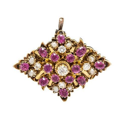 A Yellow Gold, Ruby, Diamond and Seed Pearl Pendant/Brooch, 7.80 dwts.