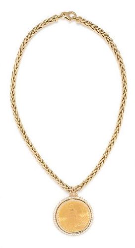 A 14 Karat Yellow Gold, US $20 1927 Liberty Head Coin and Diamond Necklace, 47.50 dwts.