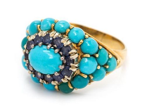 An 18 Karat Yellow Gold, Turquoise and Sapphire Ring, Italy, 4.70 dwts.