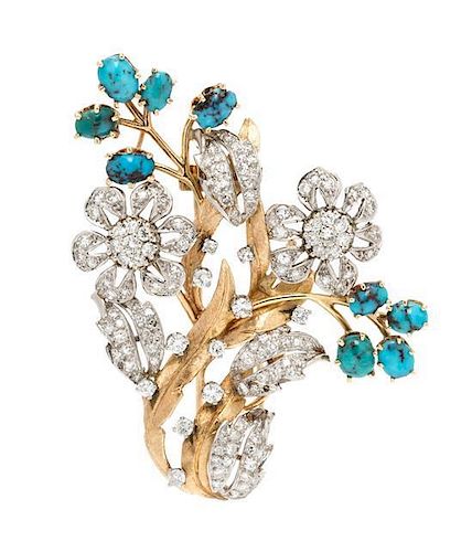 A 14 Karat Bicolor Gold, Diamond and Turquoise Floral Motif Brooch, 15.20 dwts.