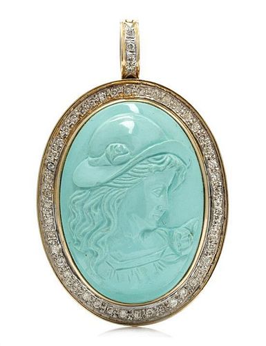 A 14 Karat Yellow Gold, Turquoise Cameo and Diamond Pendant/Brooch, 15.50 dwts.