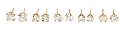 A Collection of Yellow Gold and Diamond Stud Earrings, 2.80 dwts.