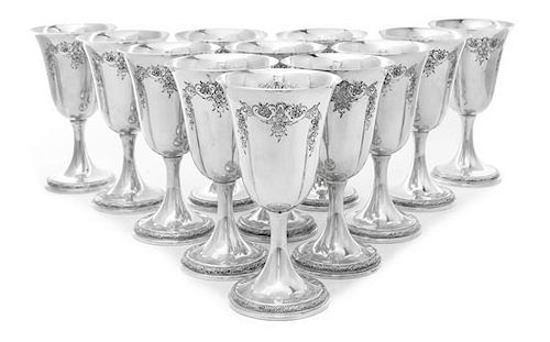 * A Set of Twelve American Silver Goblets, International Silver Co., Meriden, CT, Mid 20th Century, Prelude pattern, the bowl of