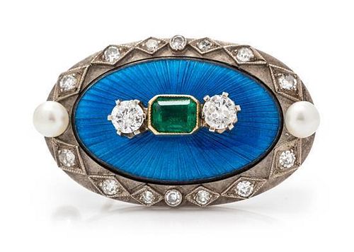 * A White Gold, Diamond, Emerald, Cultured Pearl and Guilloche Enamel Pendant/Brooch, Pendant/Brooch, 5.20 dwts.