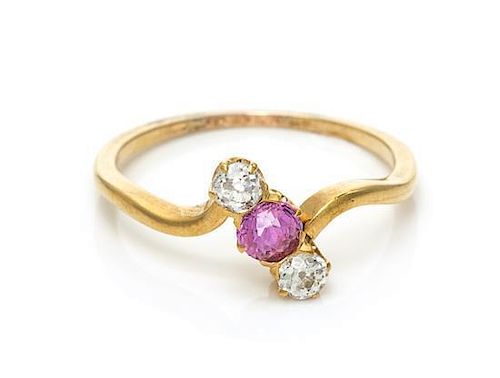 * An Edwardian Yellow Gold, Diamond and Pink Sapphire Ring, 1.20 dwts.