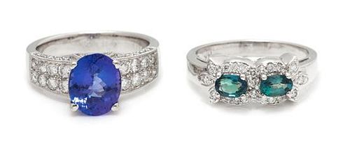 A Collection of White Gold Tanzanite, Alexandrite and Diamond Rings, 6.70 dwts.