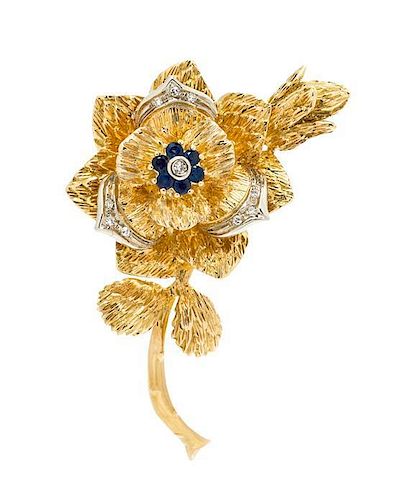 An 18 Karat Yellow Gold, Sapphire and Diamond Flower Brooch, 11.80 dwts.